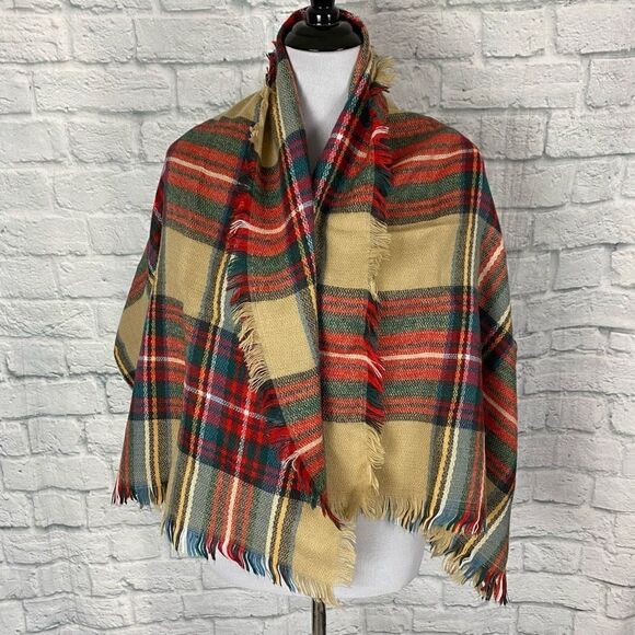 Plaid scarf/wrap with fringe women 53”x52 - Picture 3 of 8